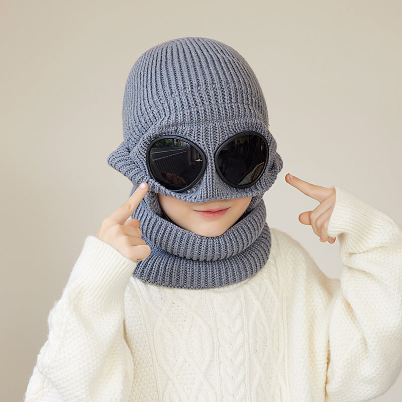 Children's Hat and Scarf Two-Piece Set with Fleece, Ear Protection, Knitted Hat with Glasses