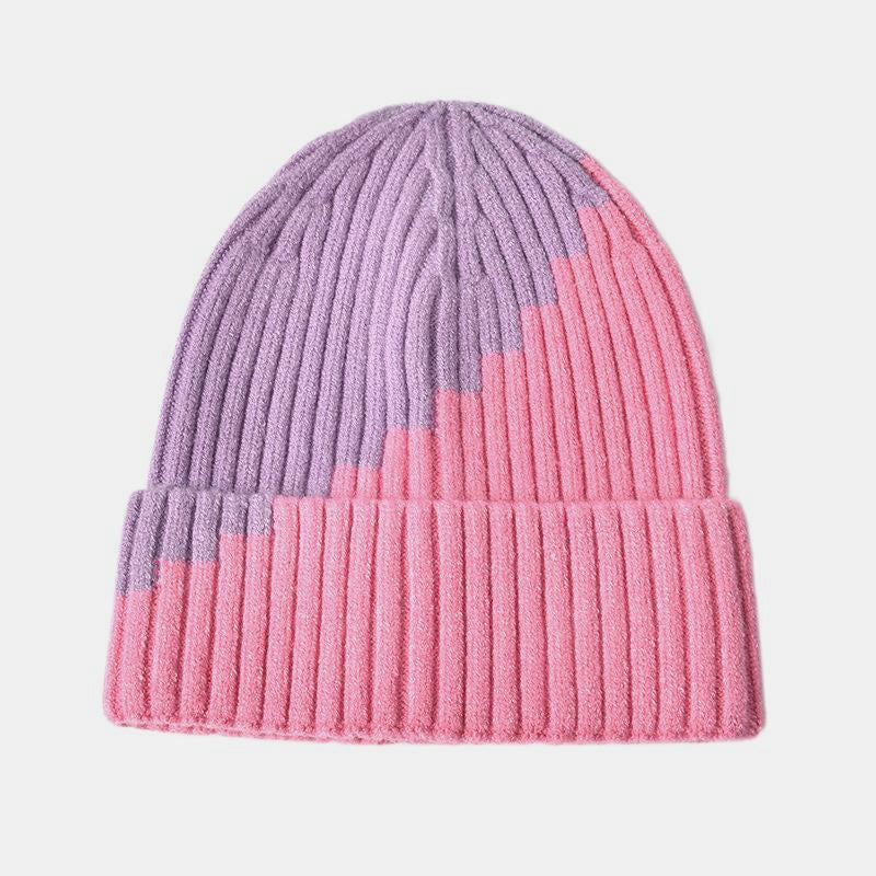 Warm Knitted Hat with Color Block and Rolled Edge Ear Protection