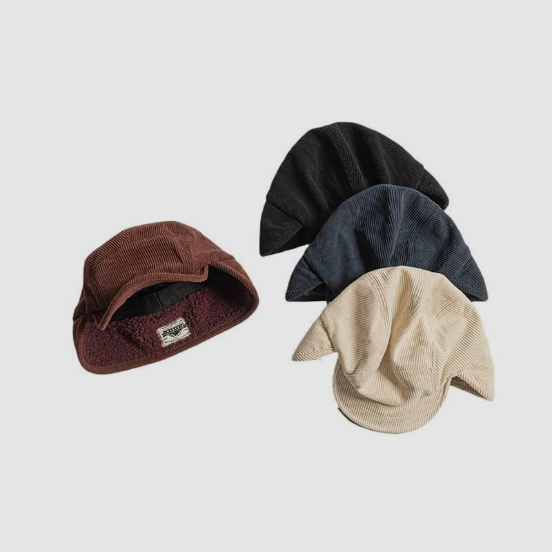 Vintage Corduroy Winter Earflap Hat Japanese Street Style Fleece Lined Warm Windproof