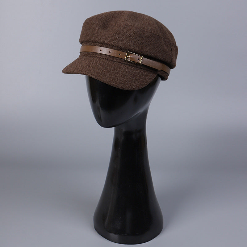 Woolen Navy Hat Leather Metal Buckle Flat Top Hat
