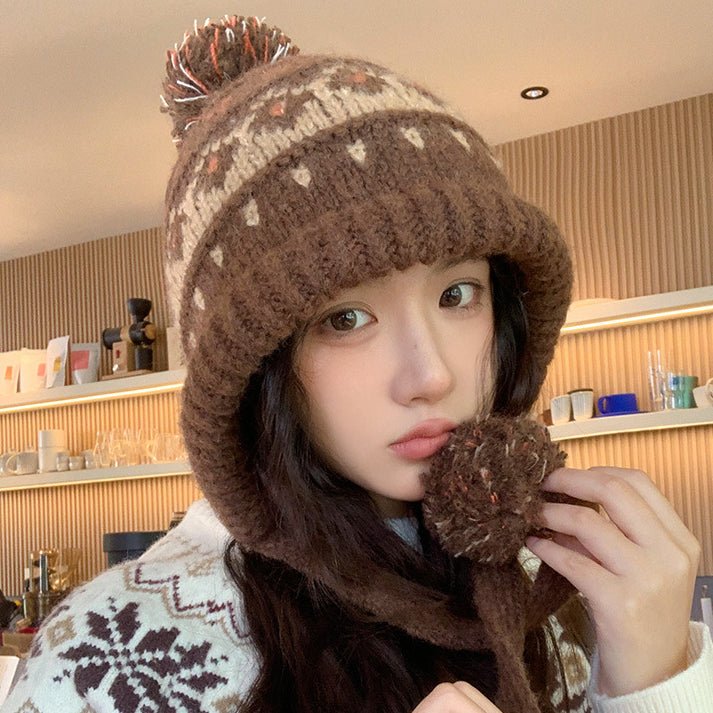 Autumn Winter Outdoor Fair Isle Drawstring Ear Flap Hat