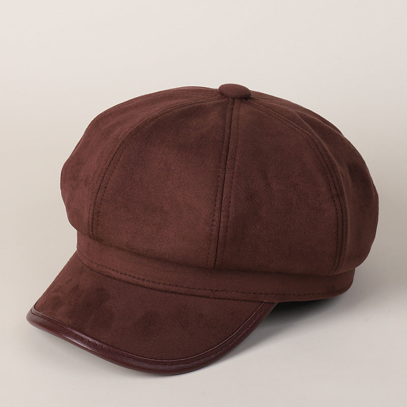 Women's Suede Newsboy Cap Japanese Style PU Brimmed Hat