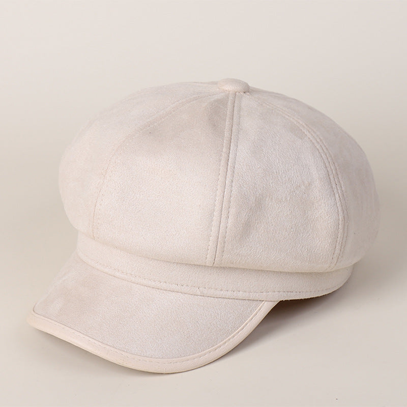 Women's Suede Newsboy Cap Japanese Style PU Brimmed Hat