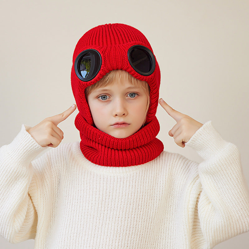 Children's Hat and Scarf Two-Piece Set with Fleece, Ear Protection, Knitted Hat with Glasses