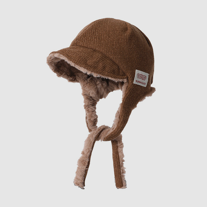 Autumn Winter Commute Patch Fleece-Lined Drawstring Trapper Hat