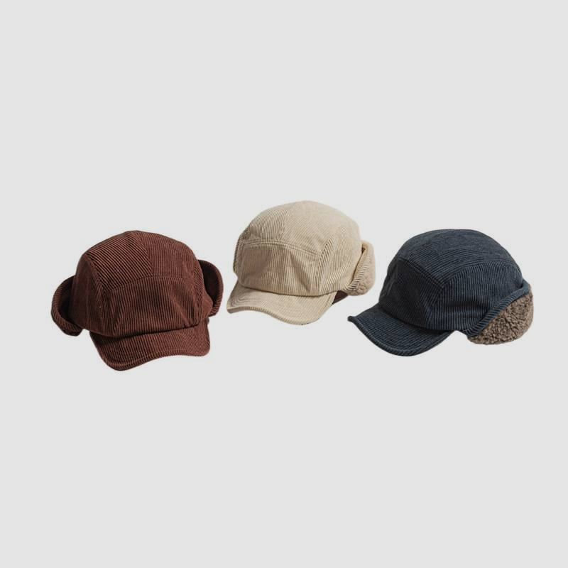 Vintage Corduroy Winter Earflap Hat Japanese Street Style Fleece Lined Warm Windproof