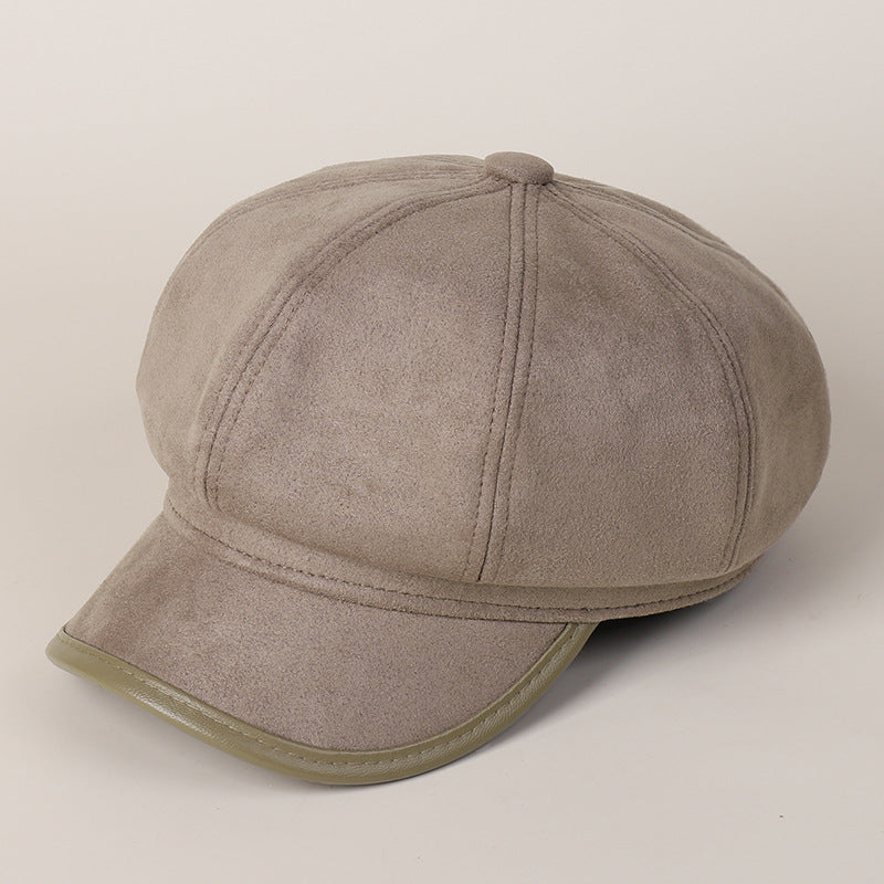 Women's Suede Newsboy Cap Japanese Style PU Brimmed Hat