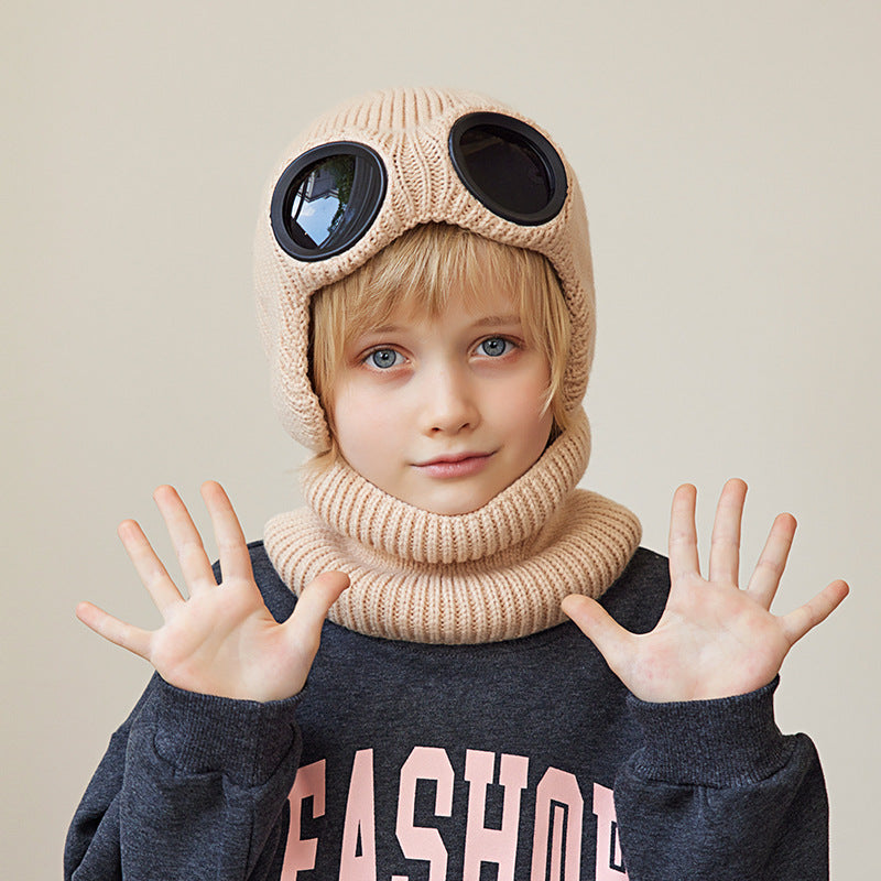 Children's Hat and Scarf Two-Piece Set with Fleece, Ear Protection, Knitted Hat with Glasses