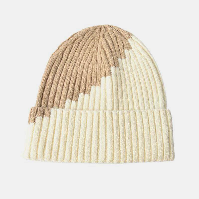Warm Knitted Hat with Color Block and Rolled Edge Ear Protection