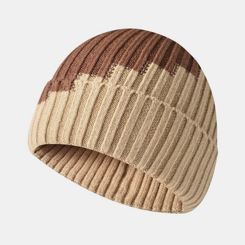 Warm Knitted Hat with Color Block and Rolled Edge Ear Protection