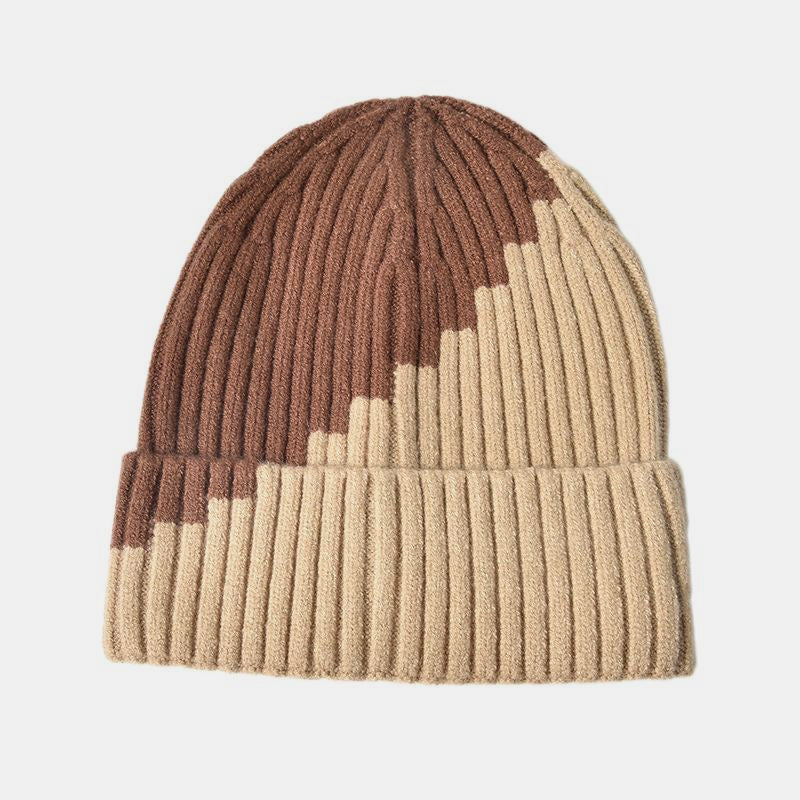 Warm Knitted Hat with Color Block and Rolled Edge Ear Protection