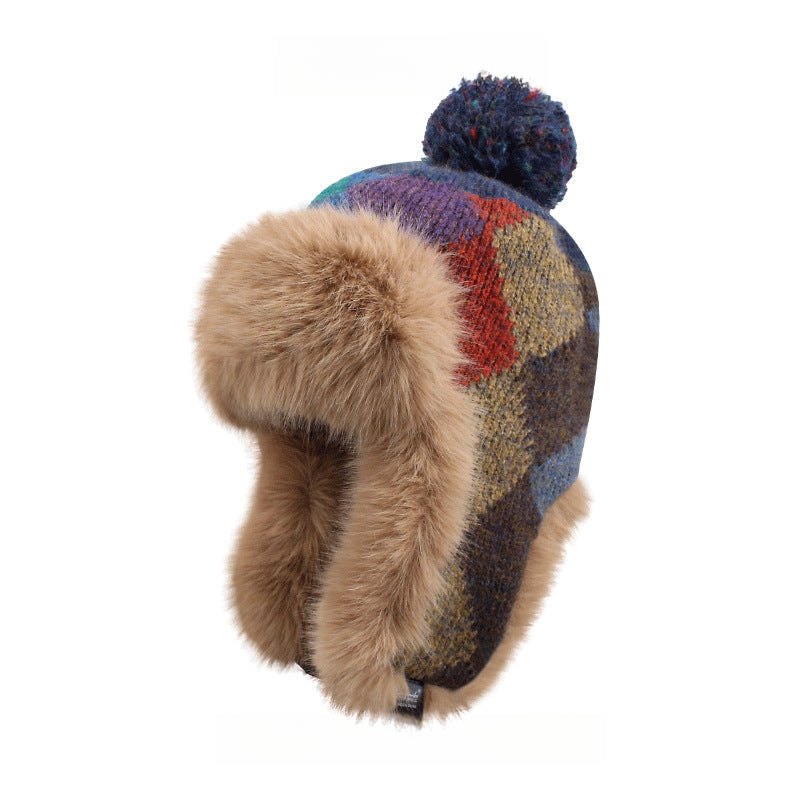 Multi-Color Blocks Plaid Fleece-lined Thickened Ears Protection Hat Trapper