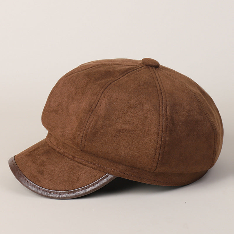 Women's Suede Newsboy Cap Japanese Style PU Brimmed Hat