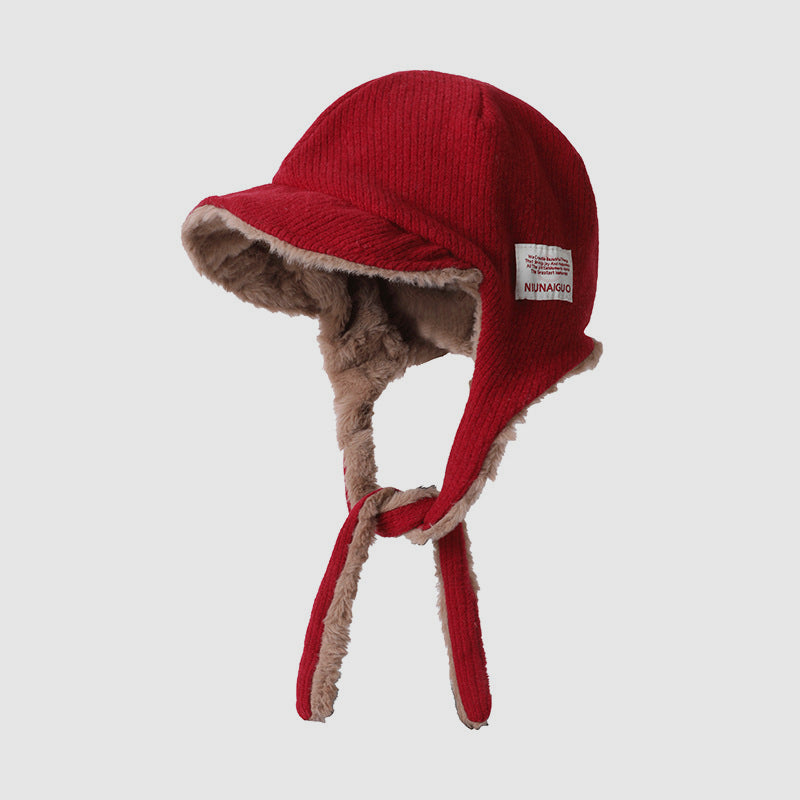 Autumn Winter Commute Patch Fleece-Lined Drawstring Trapper Hat