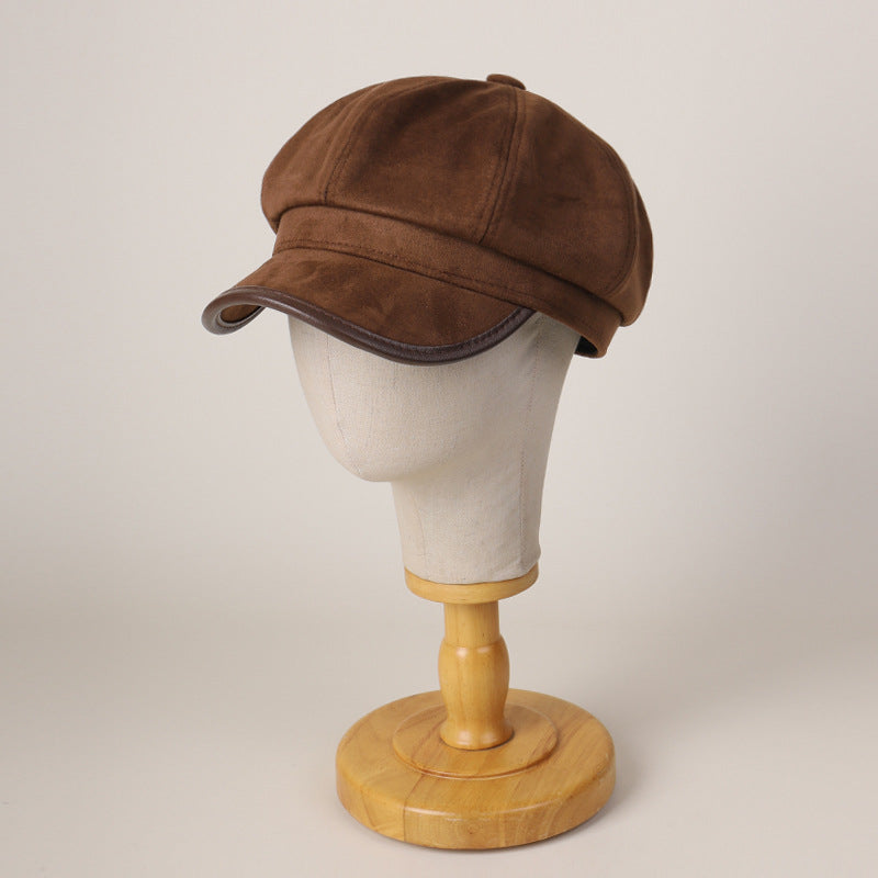 Women's Suede Newsboy Cap Japanese Style PU Brimmed Hat