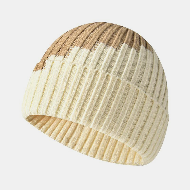 Warm Knitted Hat with Color Block and Rolled Edge Ear Protection