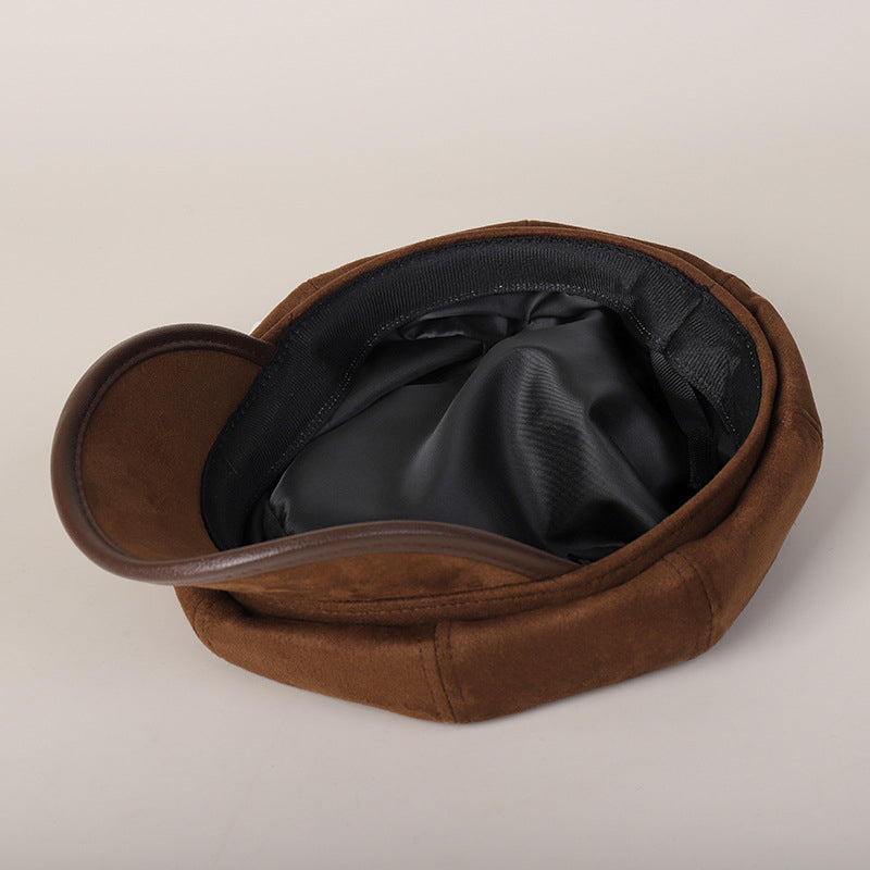 Women's Suede Newsboy Cap Japanese Style PU Brimmed Hat
