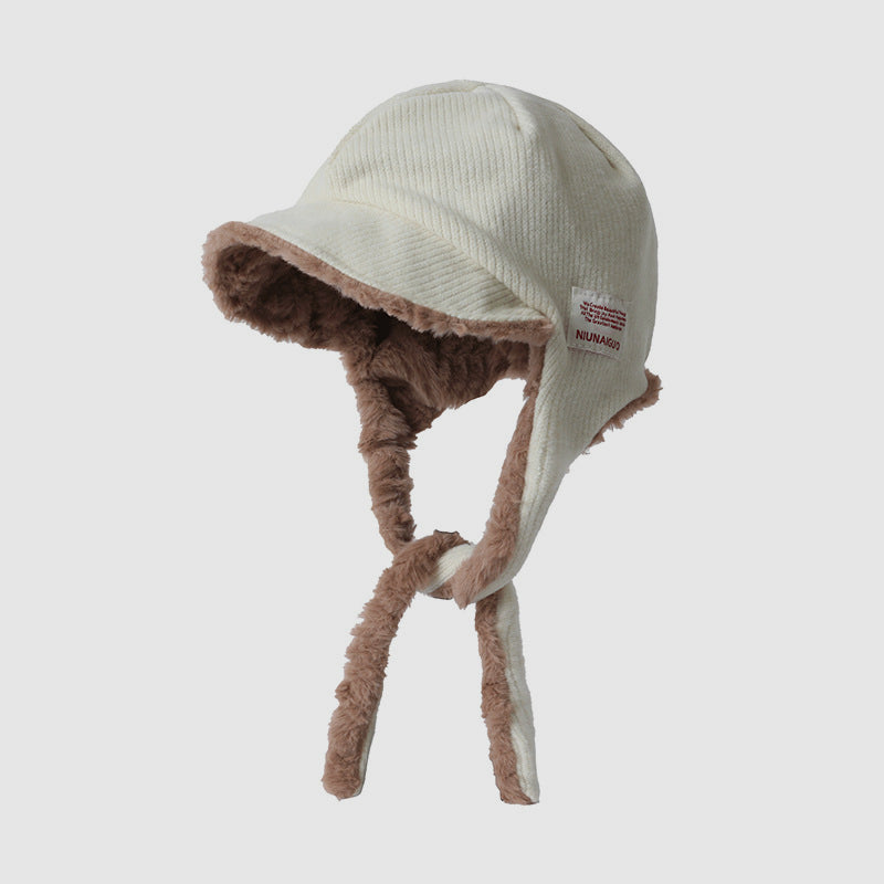 Autumn Winter Commute Patch Fleece-Lined Drawstring Trapper Hat
