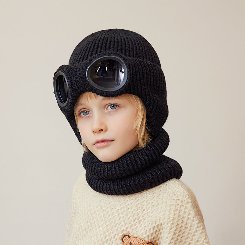 Children's Hat and Scarf Two-Piece Set with Fleece, Ear Protection, Knitted Hat with Glasses