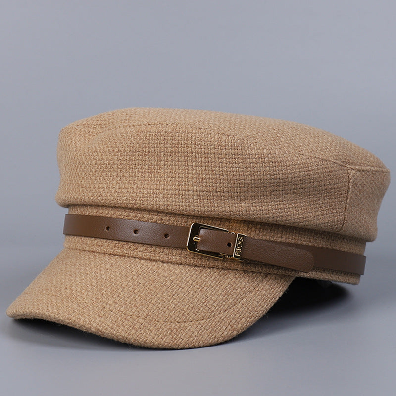 Woolen Navy Hat Leather Metal Buckle Flat Top Hat