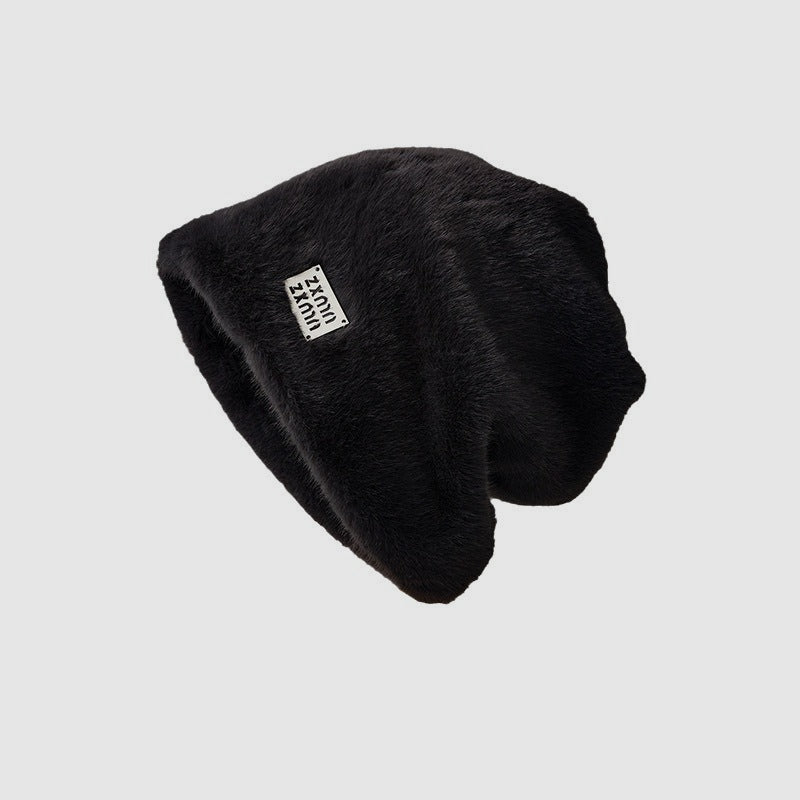 Metal Label Double-Layer Thickened Beanie Hat Beanie