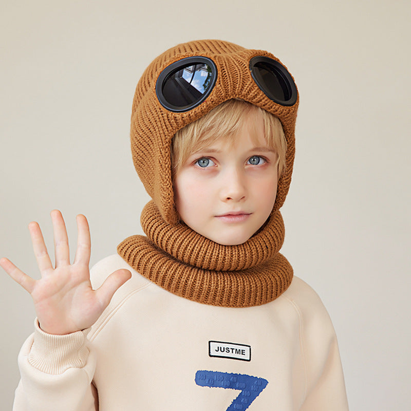 Children's Hat and Scarf Two-Piece Set with Fleece, Ear Protection, Knitted Hat with Glasses