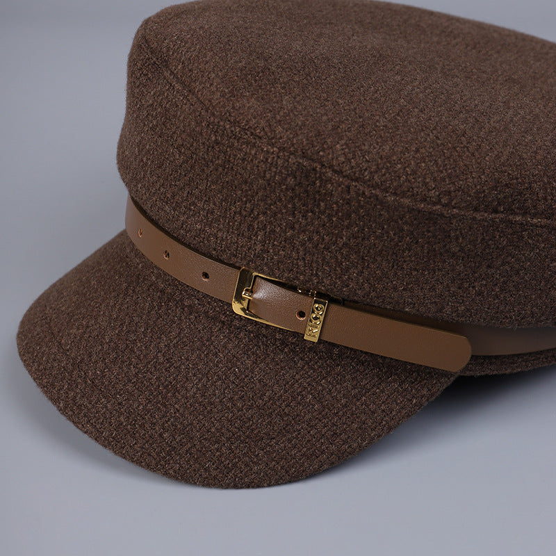 Woolen Navy Hat Leather Metal Buckle Flat Top Hat