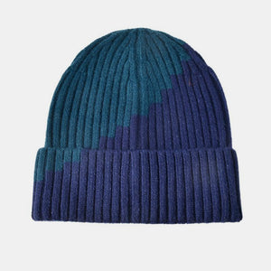 Warm Knitted Hat with Color Block and Rolled Edge Ear Protection