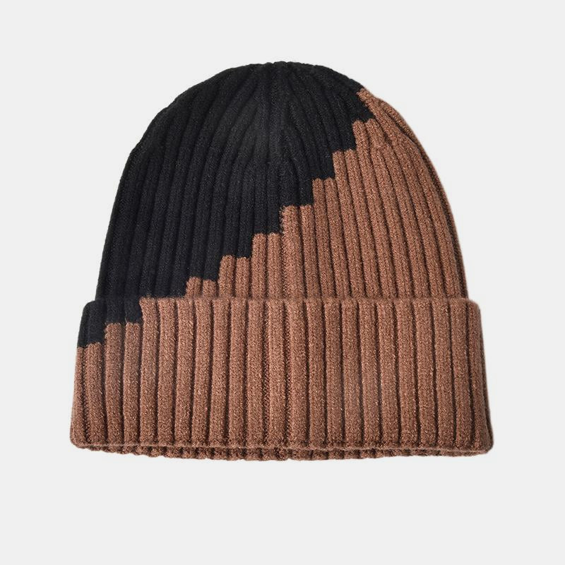 Warm Knitted Hat with Color Block and Rolled Edge Ear Protection