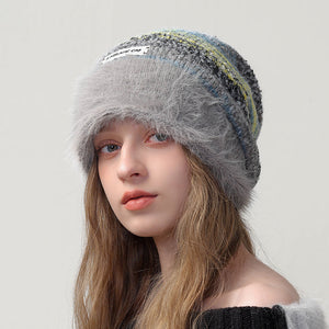 Warm Color Block Striped Fleece Beanie