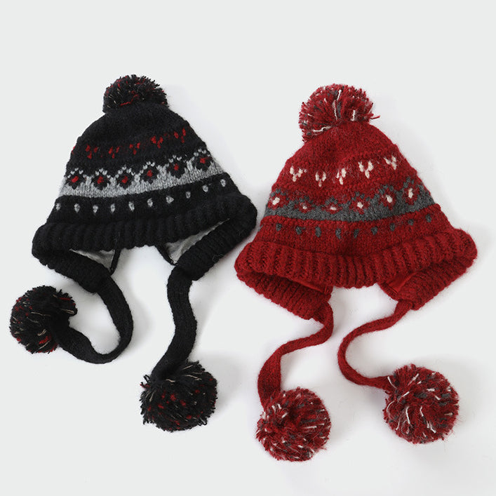 Autumn Winter Outdoor Fair Isle Drawstring Ear Flap Hat