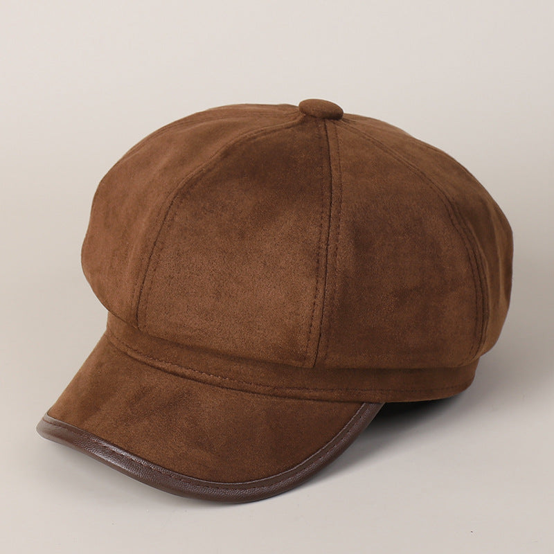 Women's Suede Newsboy Cap Japanese Style PU Brimmed Hat