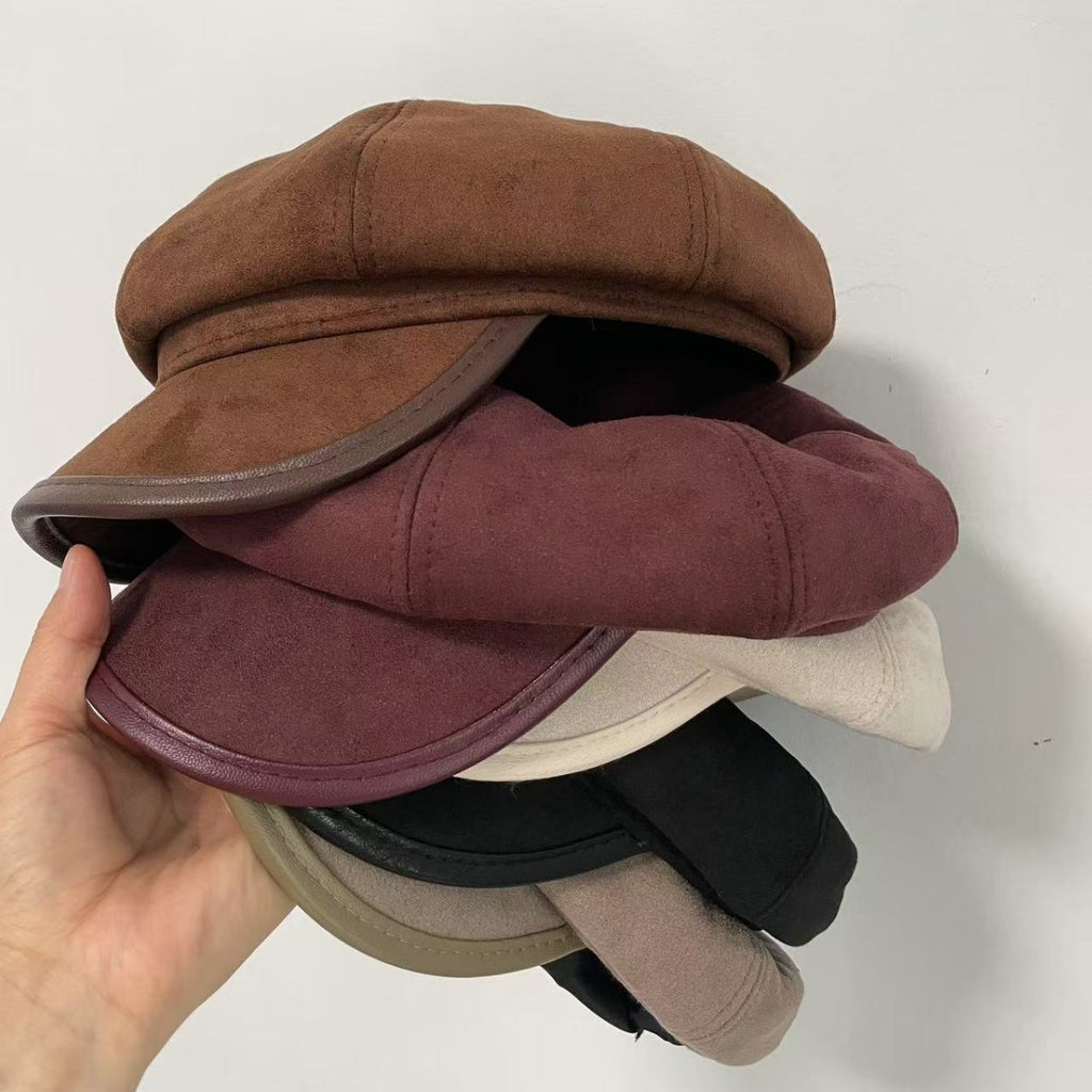 Women's Suede Newsboy Cap Japanese Style PU Brimmed Hat