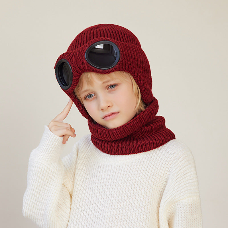 Children's Hat and Scarf Two-Piece Set with Fleece, Ear Protection, Knitted Hat with Glasses