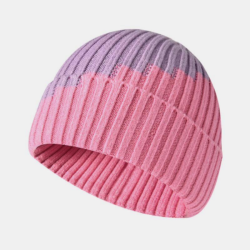 Warm Knitted Hat with Color Block and Rolled Edge Ear Protection