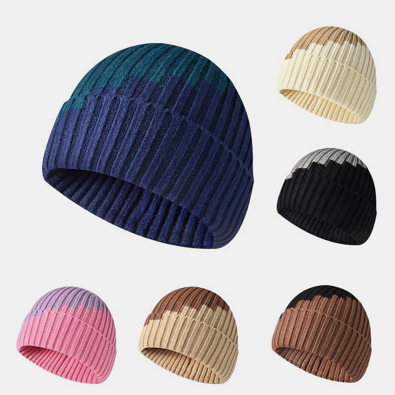 Warm Knitted Hat with Color Block and Rolled Edge Ear Protection