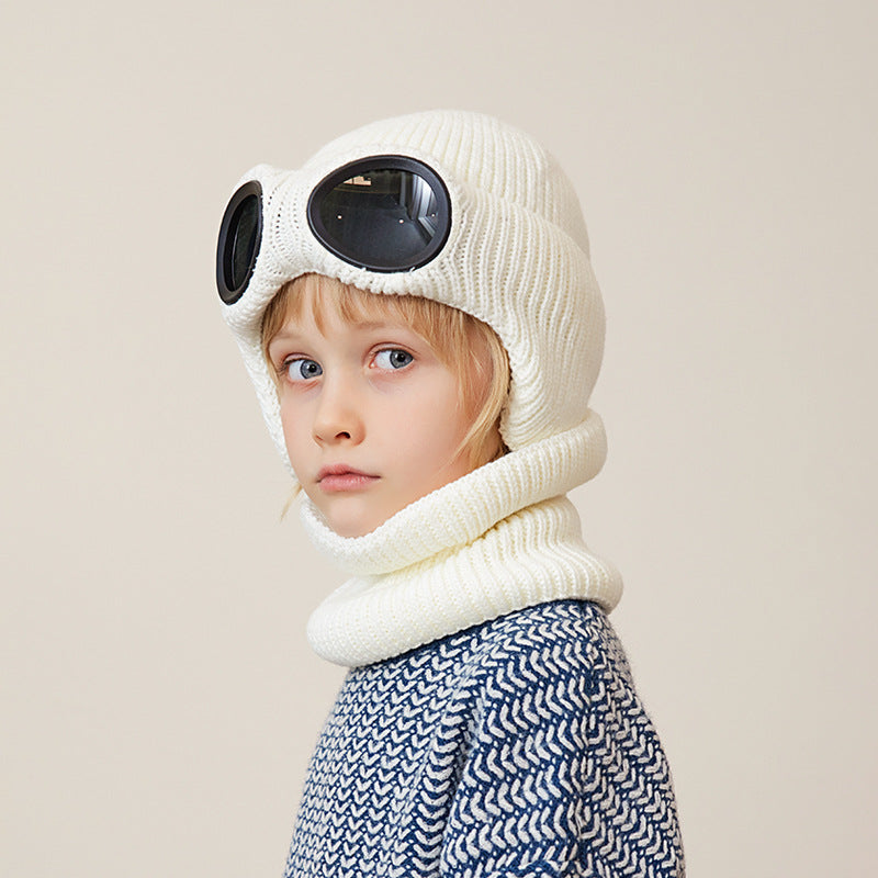 Children's Hat and Scarf Two-Piece Set with Fleece, Ear Protection, Knitted Hat with Glasses