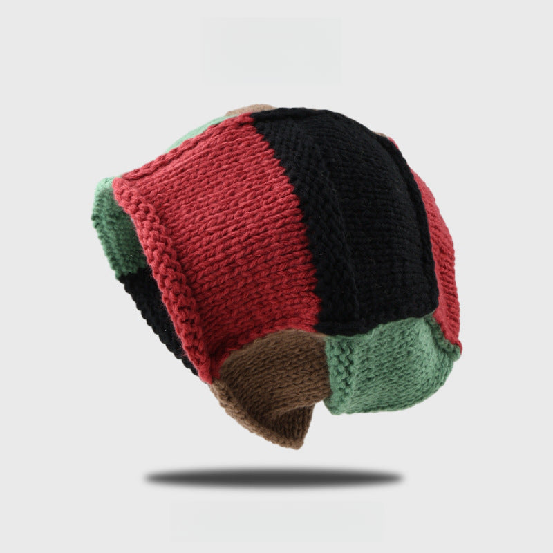 Hakecap New Trendy Color Block Knit Beanie Winter Fashionable Warm & Ear-Covering Hat for Women