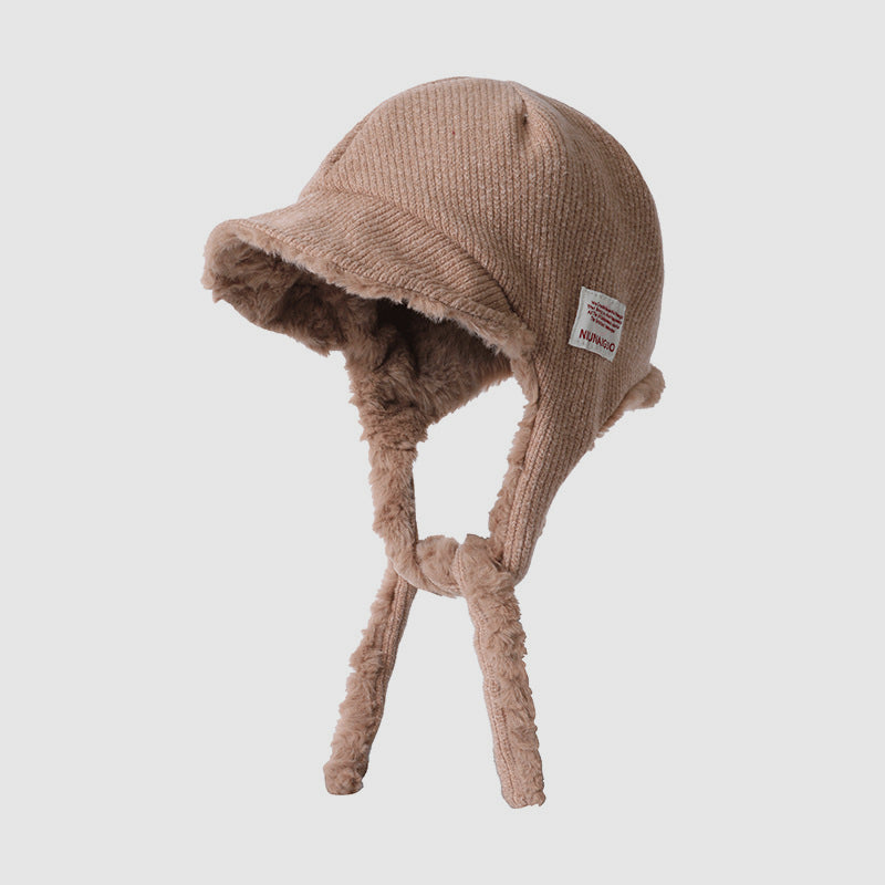 Autumn Winter Commute Patch Fleece-Lined Drawstring Trapper Hat