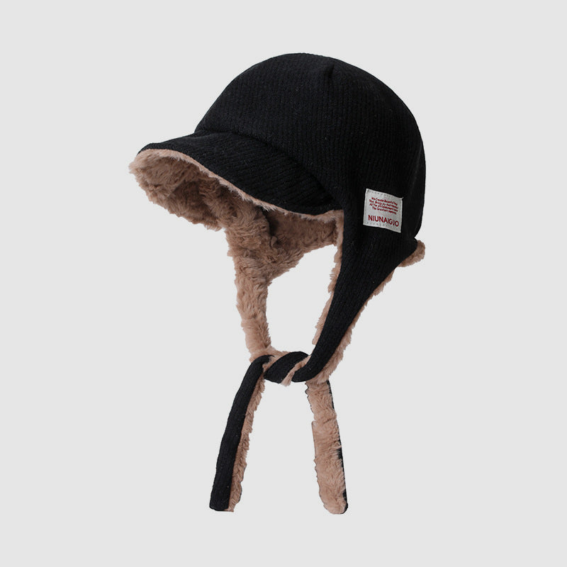 Autumn Winter Commute Patch Fleece-Lined Drawstring Trapper Hat