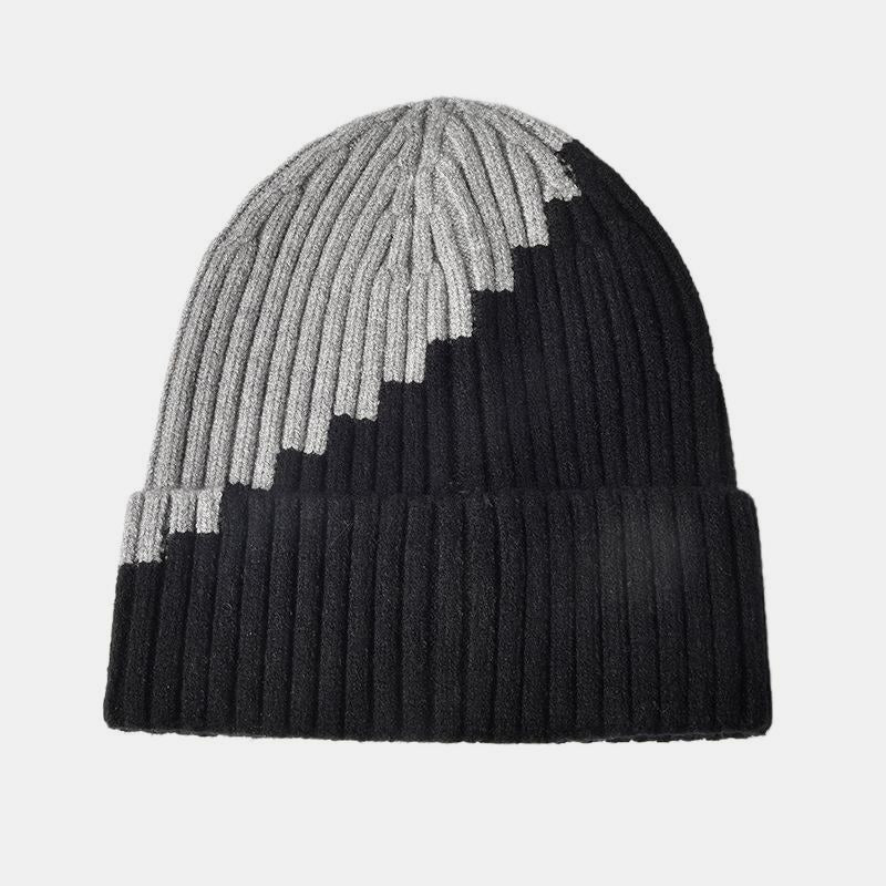 Warm Knitted Hat with Color Block and Rolled Edge Ear Protection