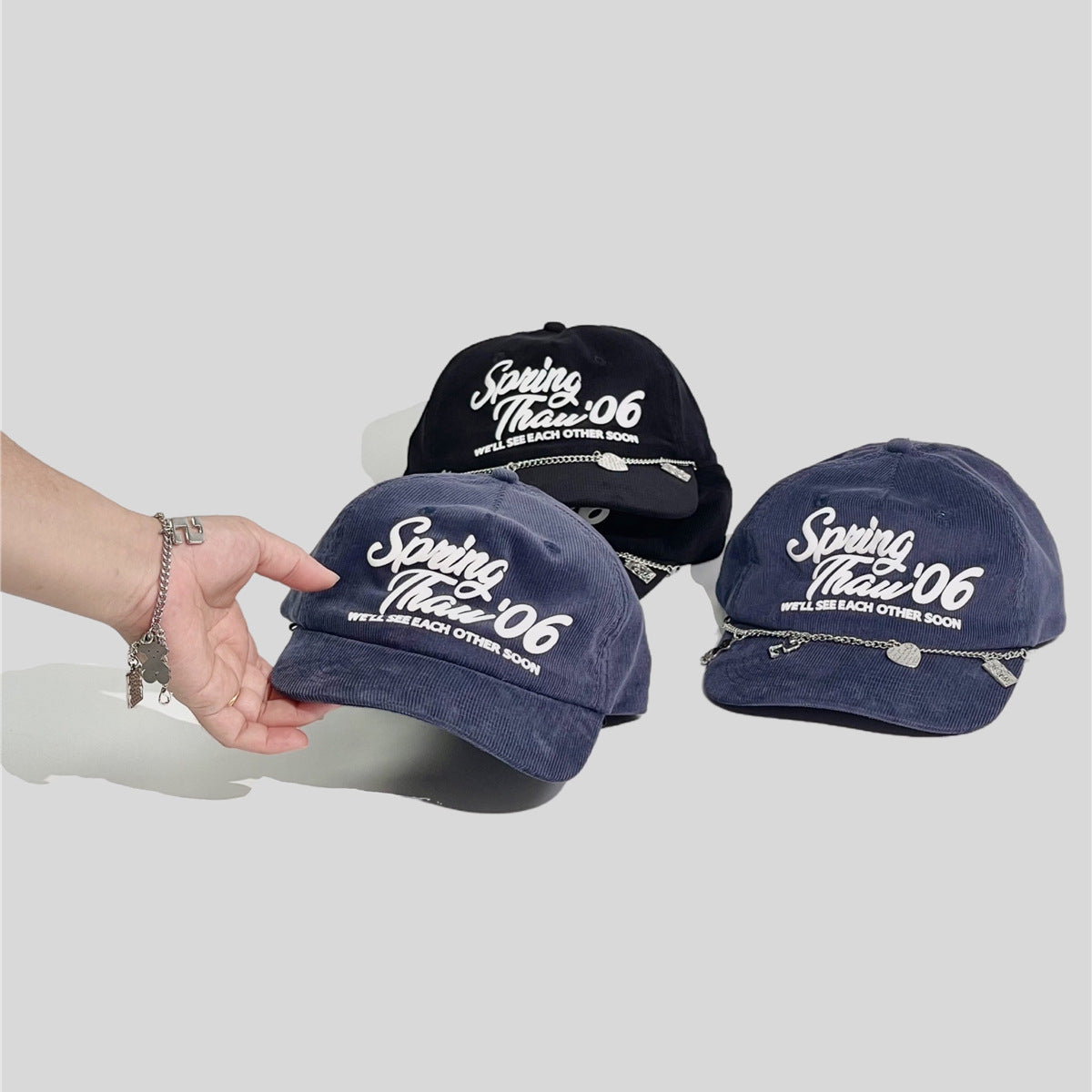 Detachable Chain Bracelet Corduroy Baseball Cap