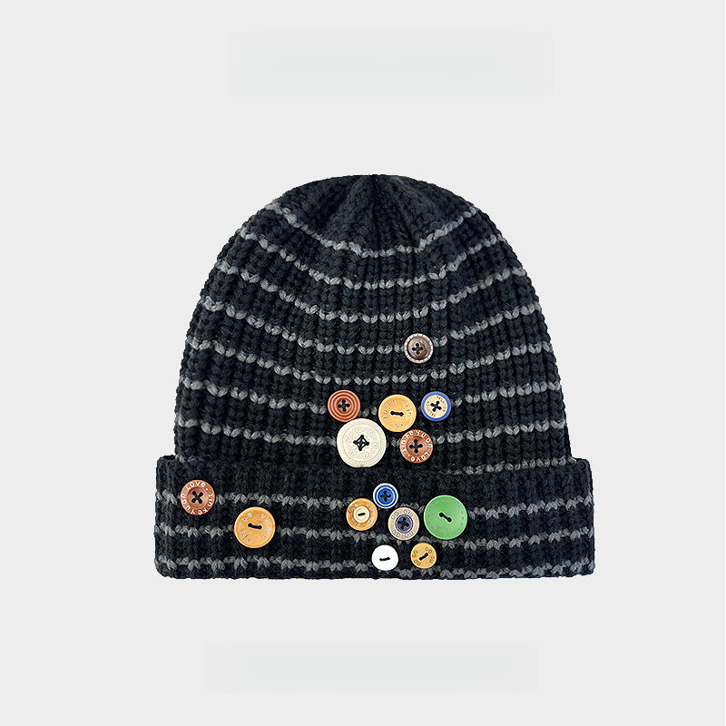 Black and White Striped Button Beanie